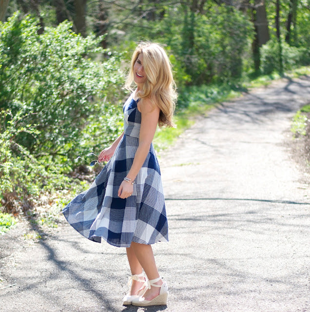 Navy and White Gingham Plaid Dress  with Soludos Wedge Espadrilles