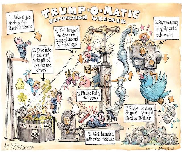 Title:  Trump-O-Matic Reputation Wrecker.  Image:  Rube Goldberg like machine with the following steps:  1.  Take a job working for Donald J. Trump.  2.  Dive into a caustic snake pit of avarice and chaos.  3.  Pledge fealty to Trump.  4.  Get hung out to dry and slapped around for missteps.  5.  Get branded with rude nickname.  6.  Any remaining integrity gets pulverized.  7.  Finally, the coup de grace:  Get fired on Twitter.