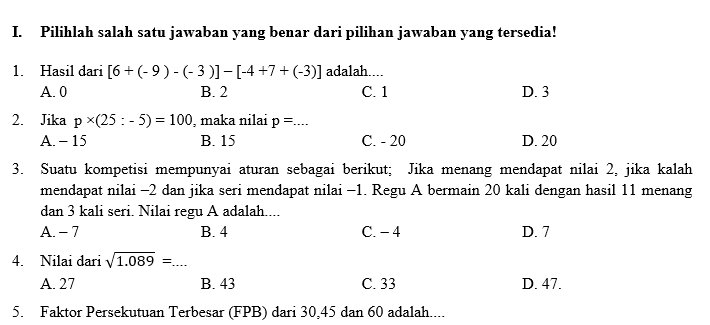 Terupdate 12 Contoh Soal Pemahaman Konsep Matematika Smp Kelas 7 Terbaru