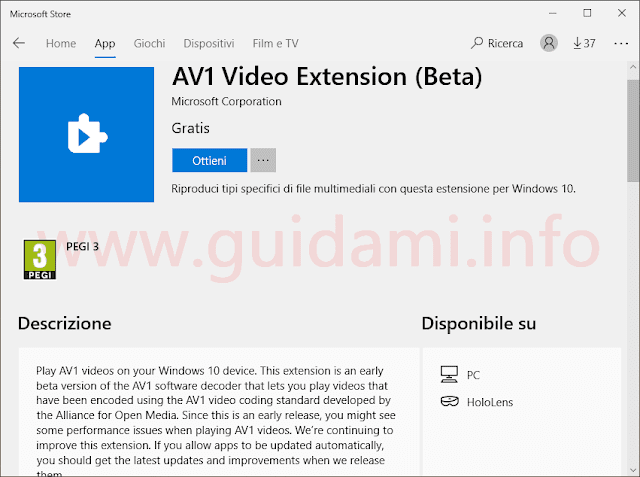Pagina Microsoft Store di AV1 Video Extension (Beta) per Windows 10