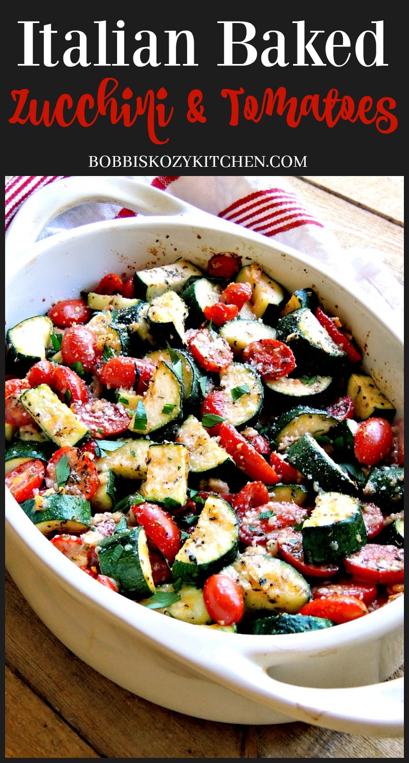 This Italian Baked Zucchini and Tomatoes recipe is one of the easiest side dishes you will ever make. It is vegetarian, low-carb, Keto friendly, and one that the whole family will love! #keto #lowcarb #vegetarian #healthy #sidedish #recipe | bobbiskozykitchen.com