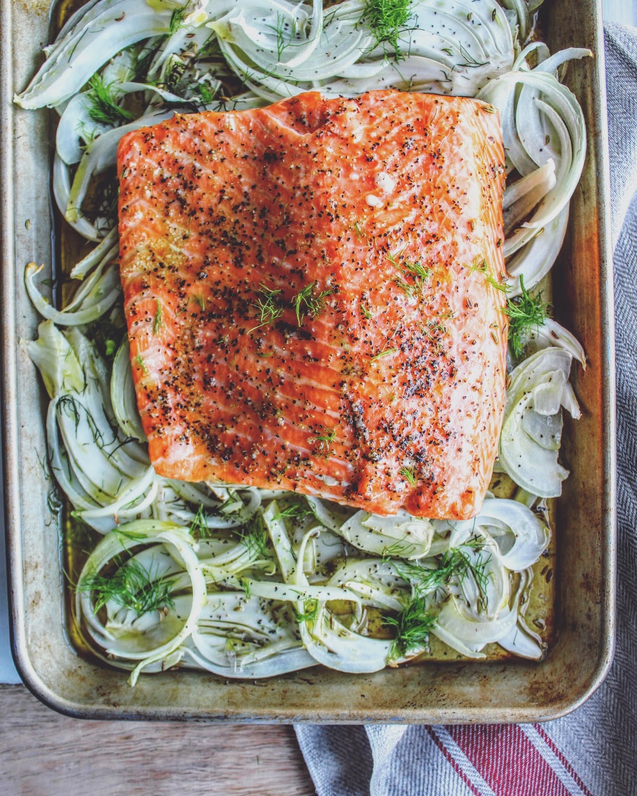 The Rosiest Cheeks Slow Baked Salmon with Crispy Fennel & Onions