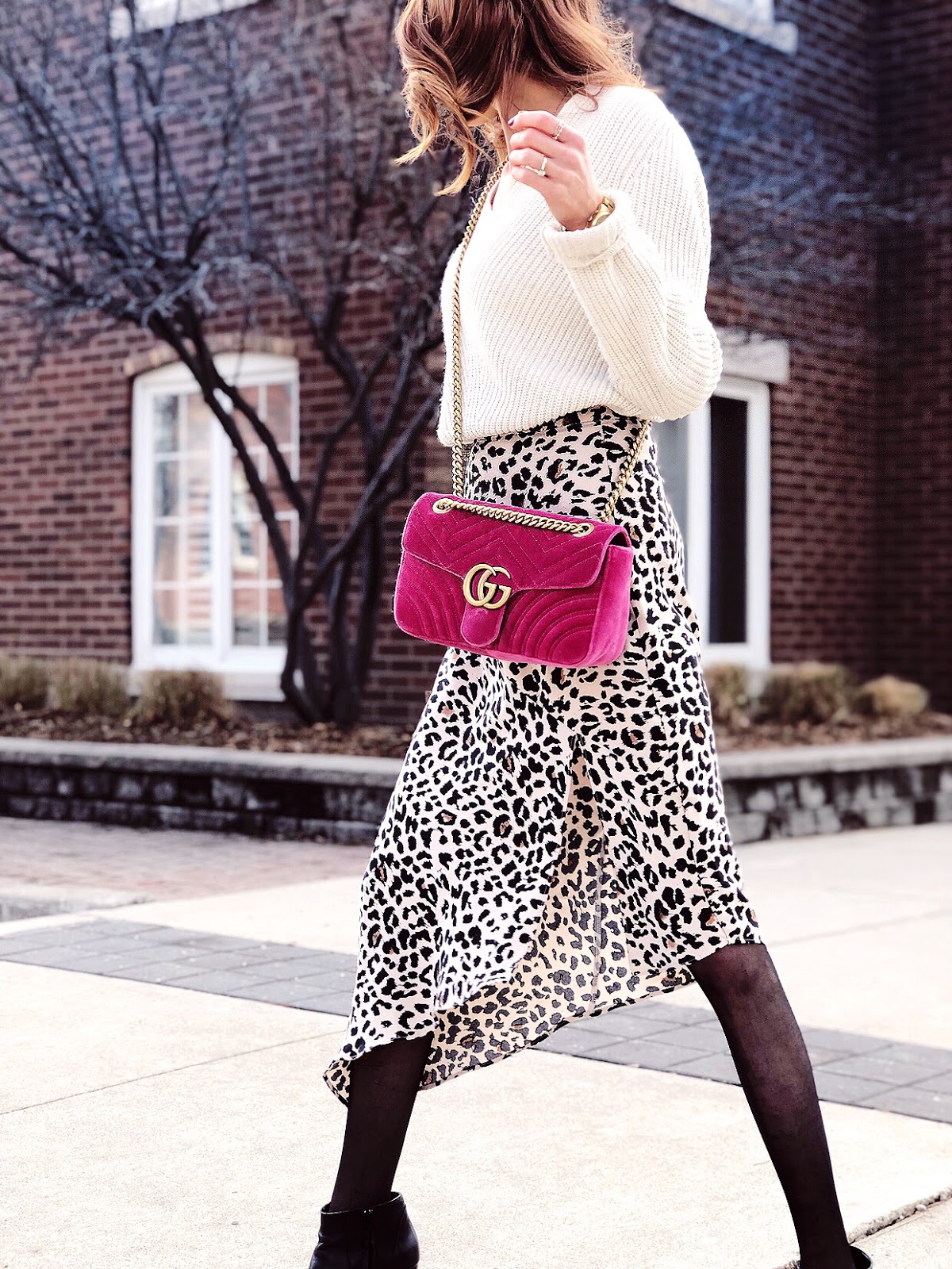Dynamite Asymmetrical Satin Leopard Skirt, Gucci velvet pink marmont