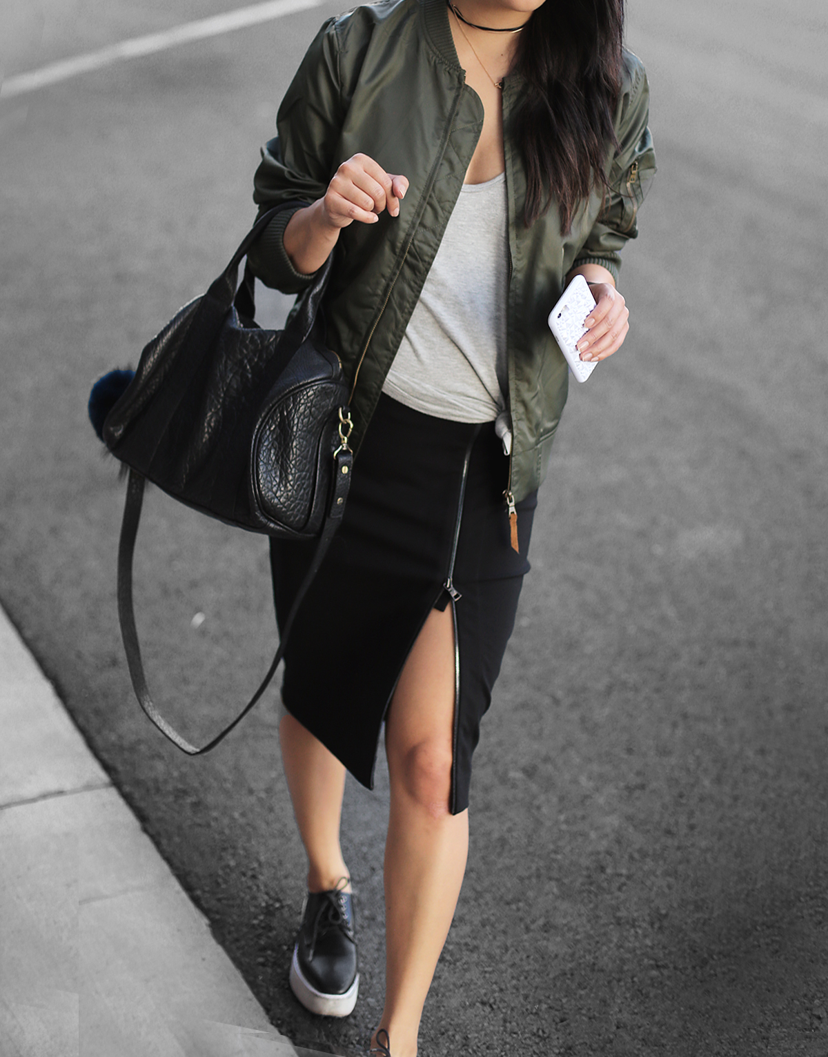 bomber jacket and skirt