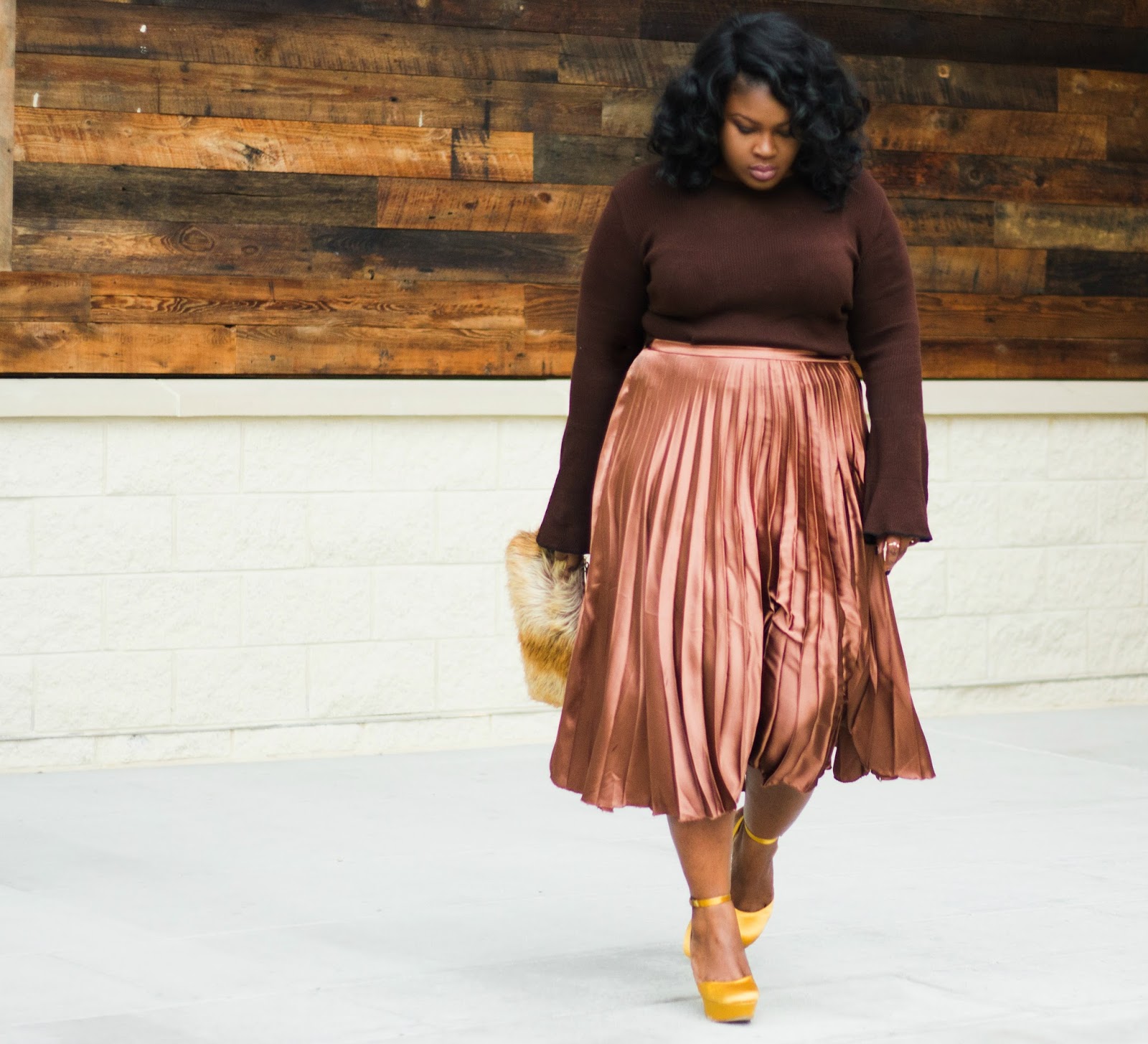 satin pleated skirt outfit