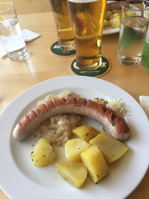 Bratwurst, sauerkraut, and potato lunch at Wolayerseehütte.