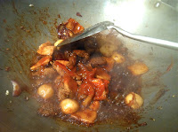 Sliced chicken breast, fish tofu, tofu puffs, fish balls, Sriracha, ketchup, soy sauce, wok, frying