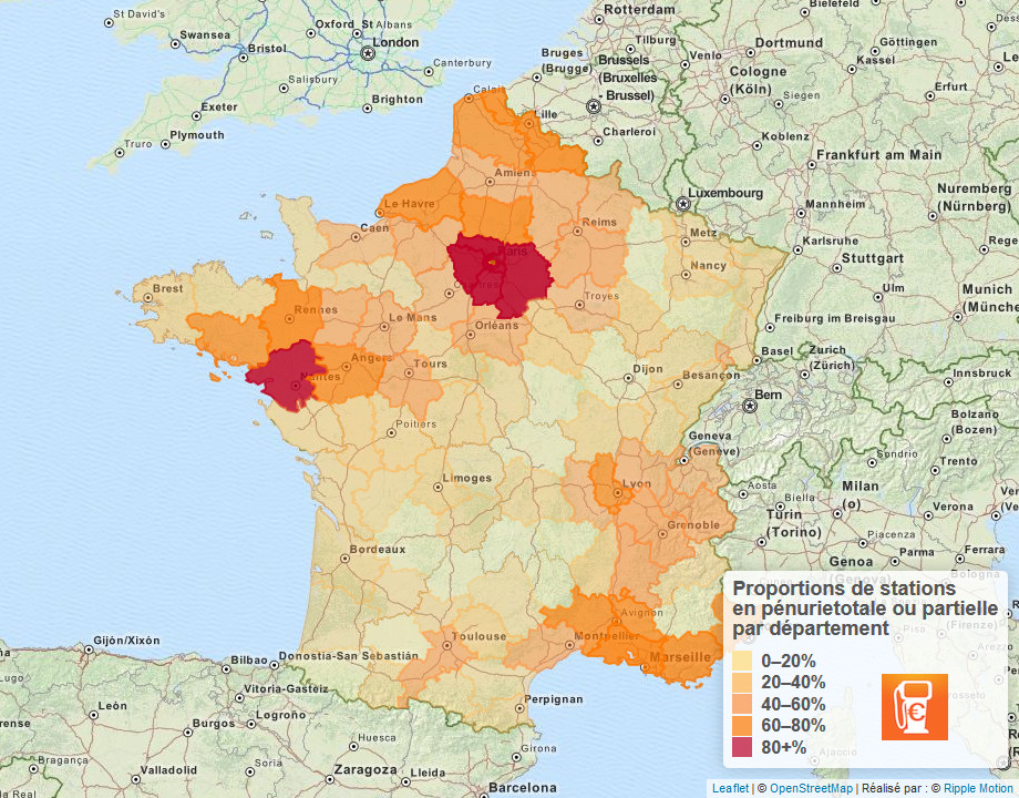 Proportion of fuel stations which are partially or fully empty in France