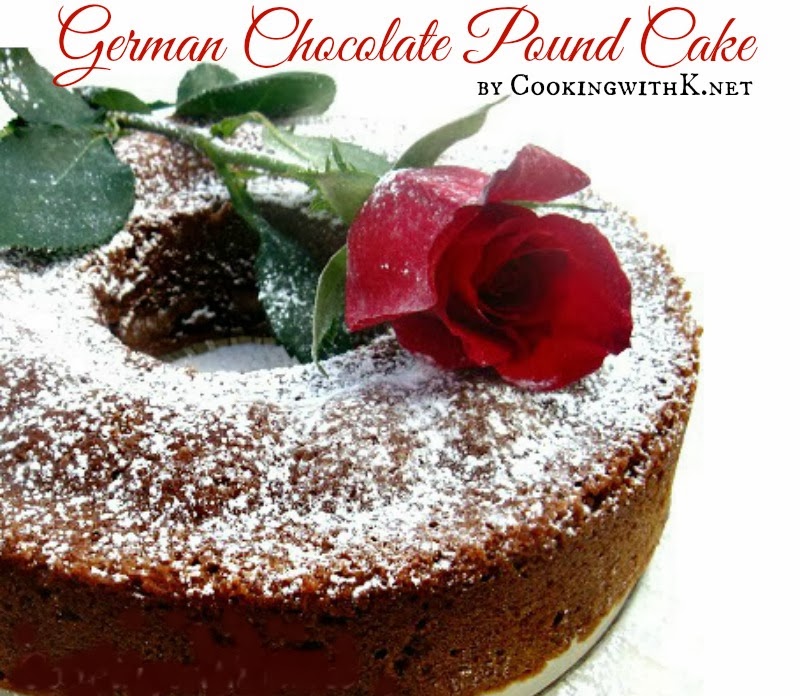 German Chocolate Pound Cake, luscious rich pound cake made with Baker's German Sweet Chocolate and dusted with a little powdered sugar to make it decadent.