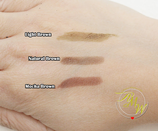 a swatch photo of K-Palette Eyebrow Tint Review in shades Light Brown, Natural Brown and Mocha Brown.