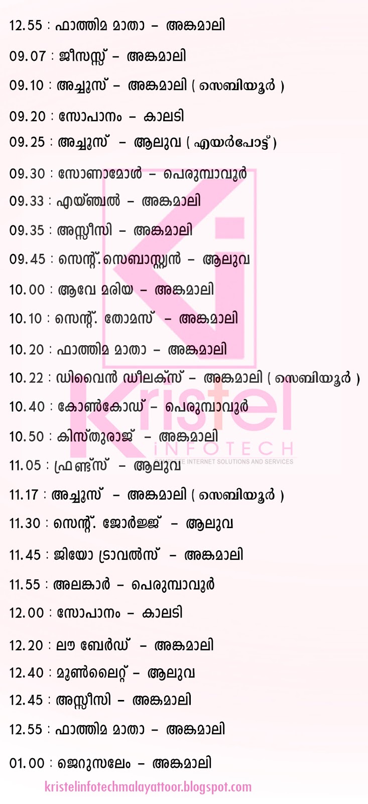 BUS TIME FROM KADAPPARA TO ANGAMALY, PERUMBAVOOR, ALUVA AND MORE