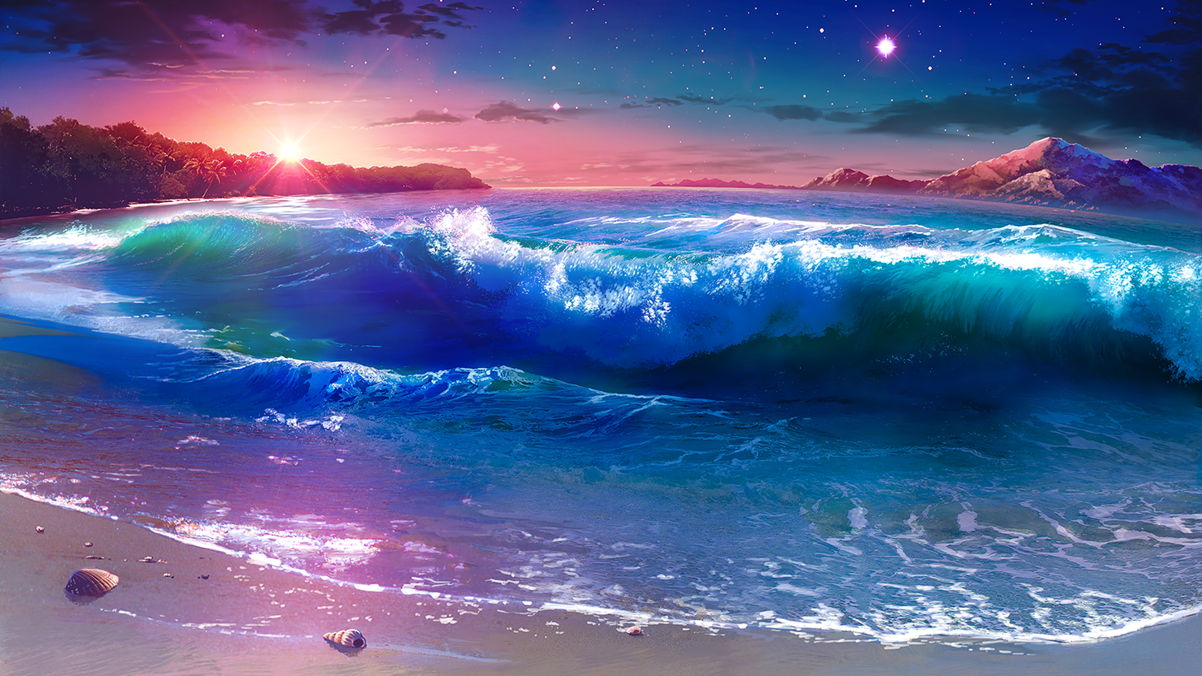 Beach, Waves, Sunset, Scenery, Anime, 4K, #121 Wallpaper