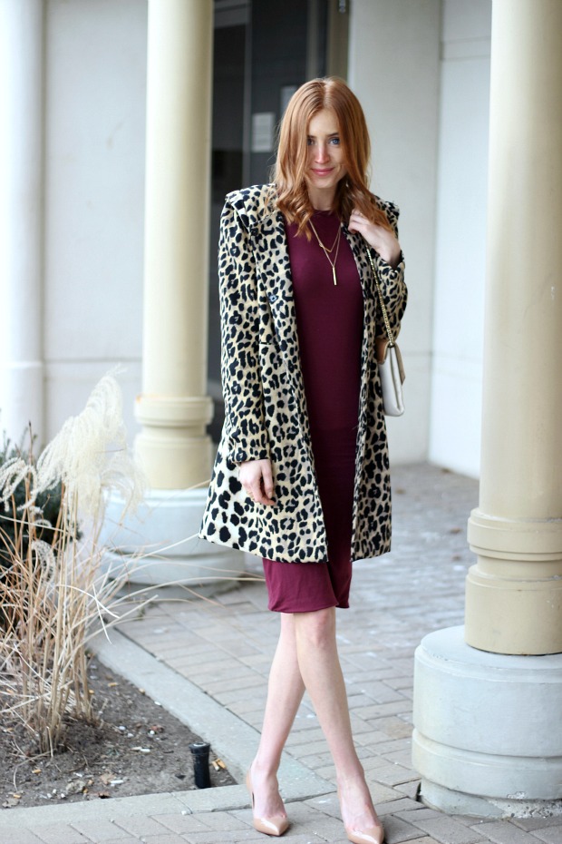 Burgundy dress, leopard coat, nude Louboutins