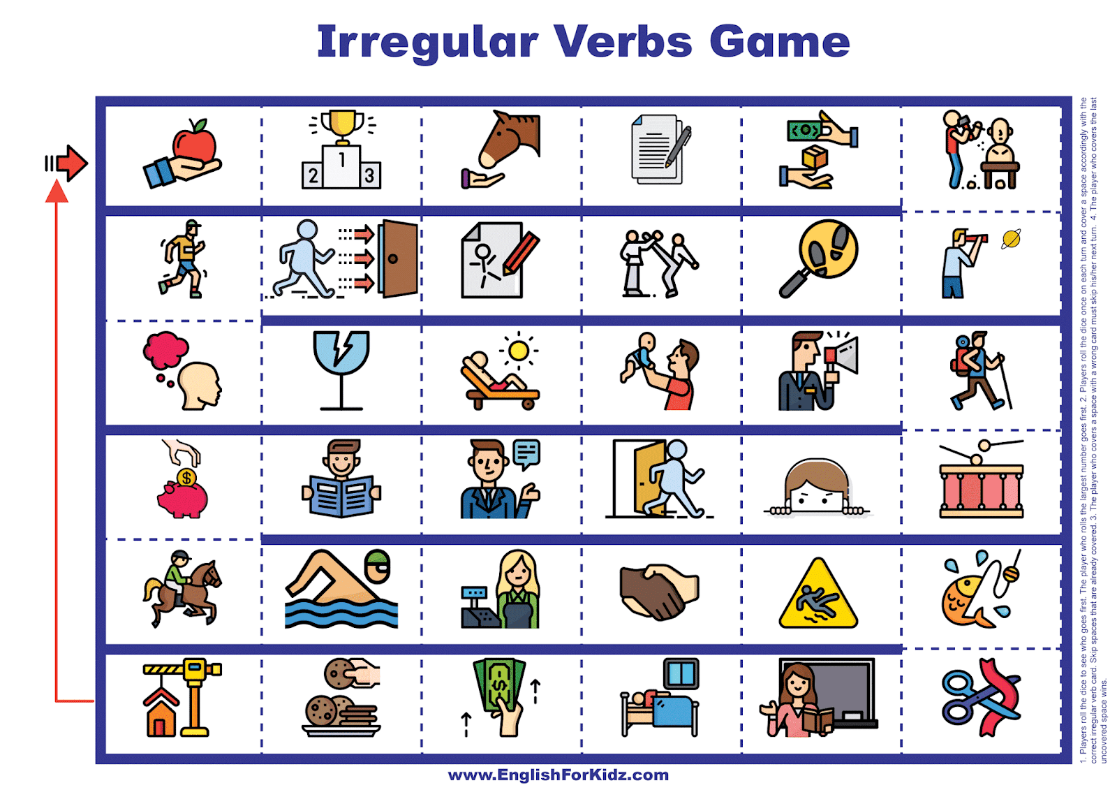 Пройти игру на английском. Irregular verbs Board game Elementary. English Irregular verbs игра. Настольная игра English Irregular verbs. Irregular verbs Board game for Kids.