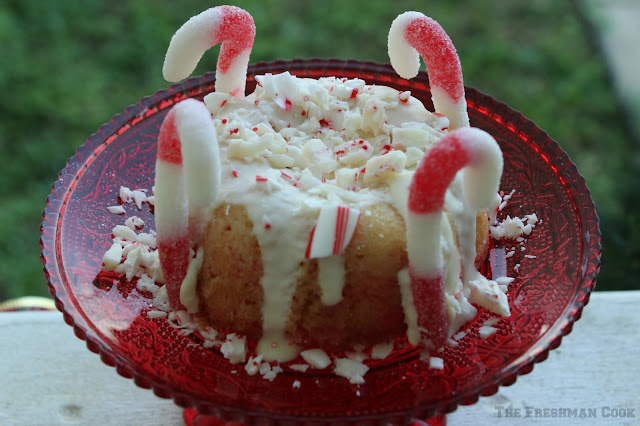 bundt cake, crushed candy canes, white drizzle frosting