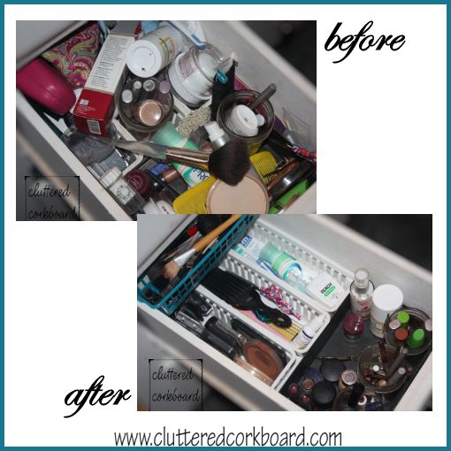 Organizing challenge - master bathroom makeup drawer - Cluttered CorkBoard