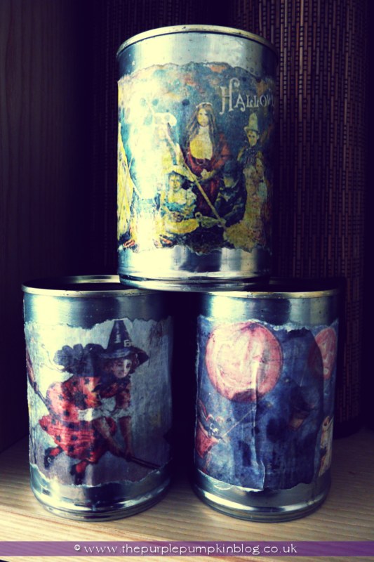 Cans with Vintage Halloween Labels {Halloween Craft} at The Purple Pumpkin Blog