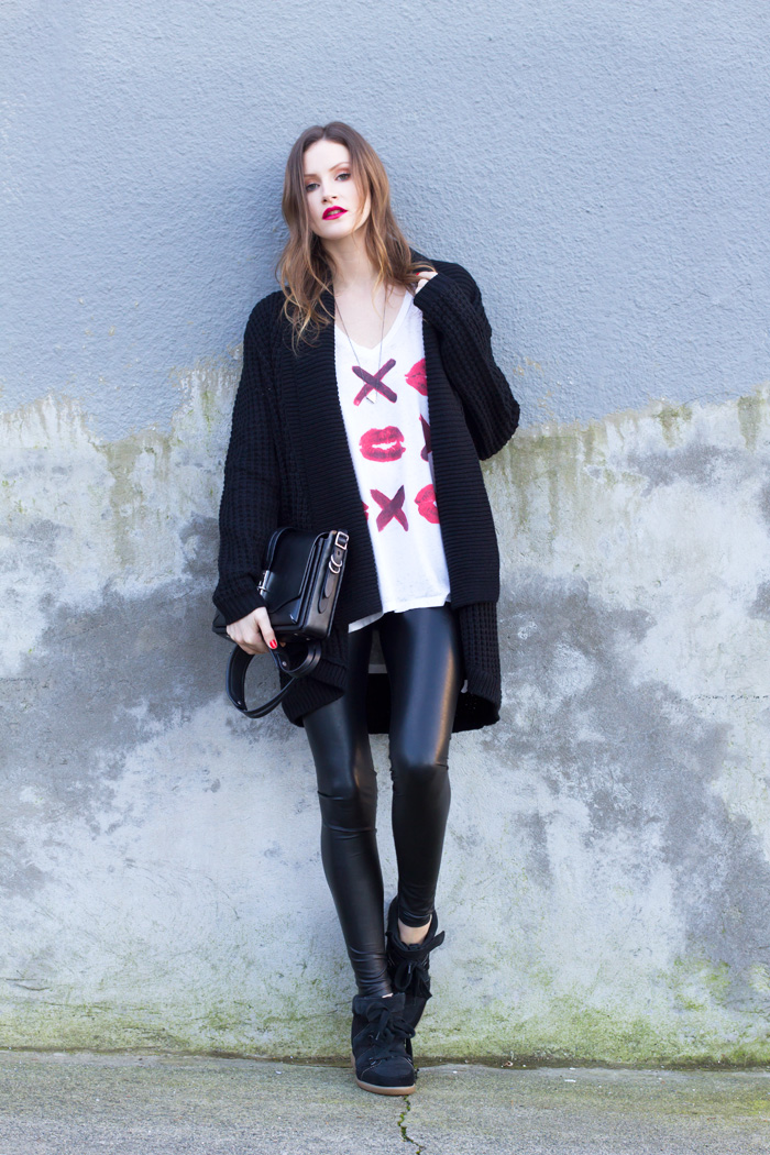 Vancouver Fashion Blogger, Alison Hutchinson, is wearing a rocker casual look styled using pieces from Daysen Winter: MinkPink sweater, Chaser Tee, Aritzia leather leggings, Isabel Marant Sneakers, Rag & Bone Bag, Sahsa Eillenna Necklace