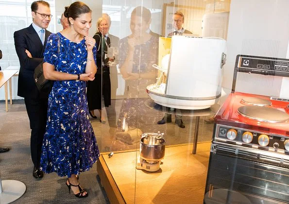 Crown Princess Victoria wore a blue print midi dress from Rodebjer. Electrolux Company which celebrates 100th anniversary of its establishment