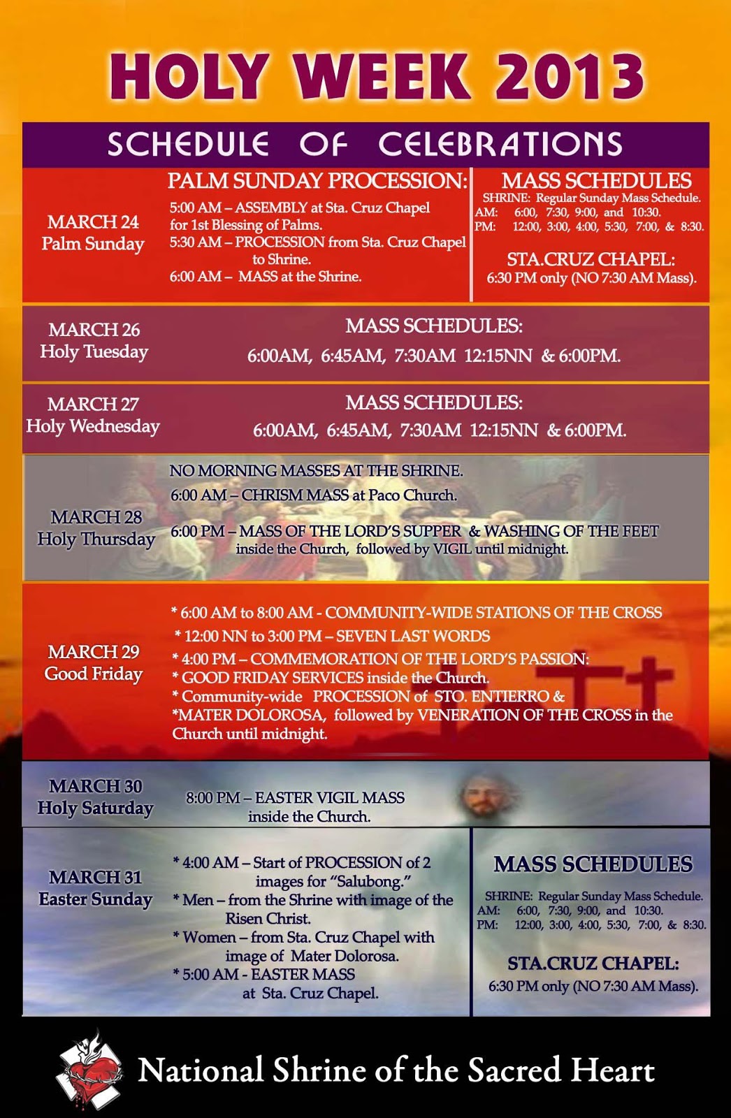 NATIONAL SHRINE OF THE SACRED HEART: NSSH HOLY WEEK 2013 SCHEDULE OF NATIONAL SHRINE OF THE SACRED HEART: NSSH HOLY WEEK 2013 SCHEDULE OF