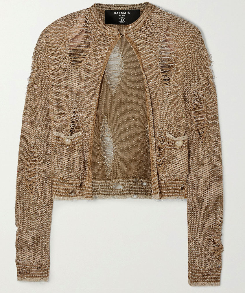 MUST HAVE: BALMAIN Distressed sequin-embellished knitted cardigan