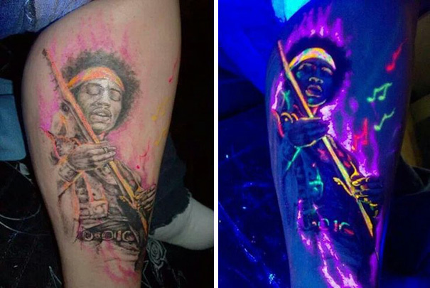 #1. A psychedelic Jimi Hendrix. - 30 Glow-In-The-Dark Tattoos That’ll Make You Turn Out The Lights. #1. A psychedelic Jimi Hendrix. - 30 Glow-In-The-Dark Tattoos That’ll Make You Turn Out The Lights.