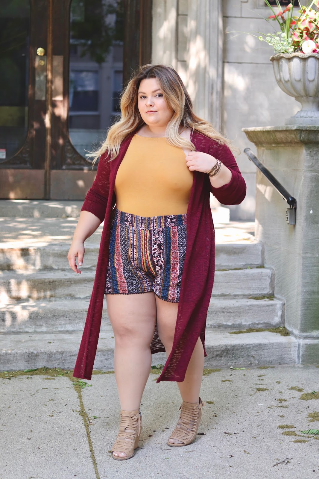 boho chic, plus size shorts, affordable plus size clothes, natalie craig, natalie in the city, Chicago fashion blogger, plus size blogger, Chicago plus size, fatshion, curves and confidence, midwest style, plus size summer outfits, how to stop chub rub, chub rub, stitch fix, forever 21 plus, bodysuits, plus size bodysuits