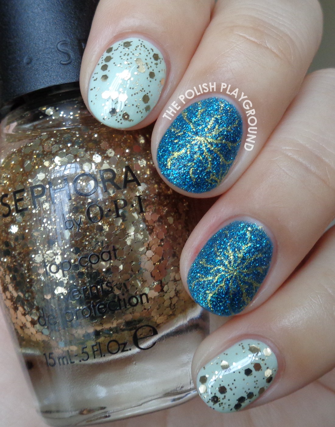 Blue Texture and Golden Bolt Stamping Nail Art