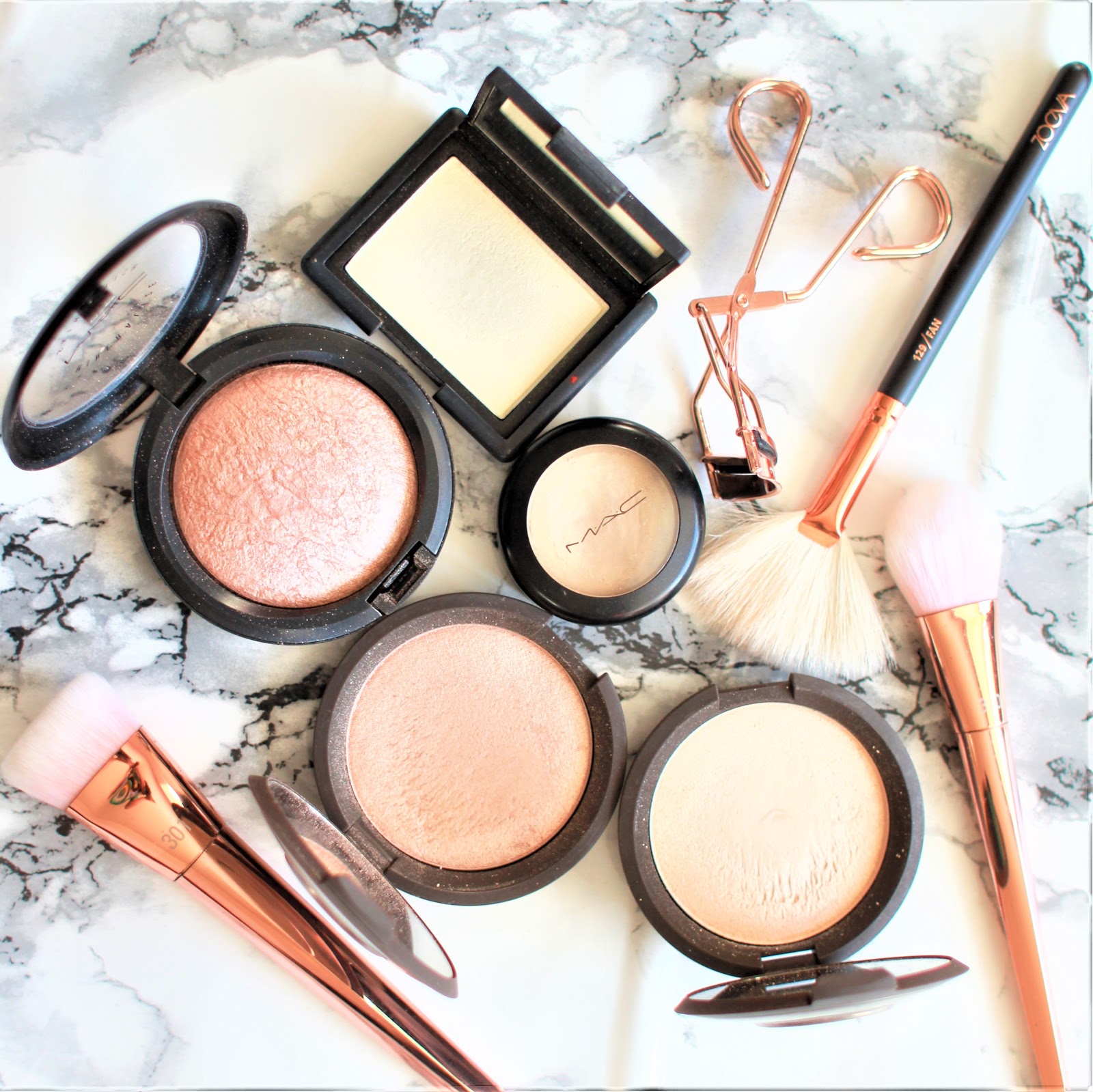 L to R: NARS Albatross Highlighting Blush, MAC Pearl Cream Colour Base, Becca Moonstone Highlighter, Becca Opal Highlighter, MAC Soft & Gentle Mineralize Skin Finish on NC25 Skin (low light) L to R: NARS Albatross Highlighting Blush, MAC Pearl Cream Colour Base, Becca Moonstone Highlighter, Becca Opal Highlighter, MAC Soft & Gentle Mineralize Skin Finish on NC25 Skin (low light)