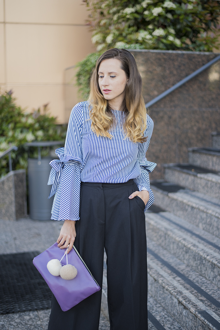 bell sleeves stripes top black culottes 