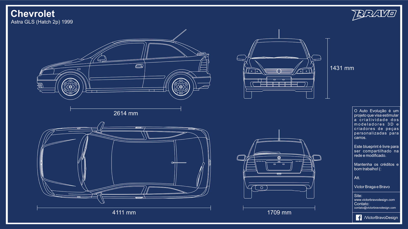 Imagem mostrando o desenho do blueprint Chevrolet Astra GLS (Hatch 2p) 1999