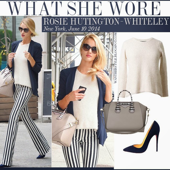 WHAT SHE WORE: Rosie Huntington-Whiteley in blue and white stripe pants with blue blazer and