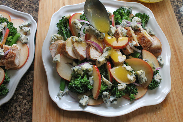 Food Lust People Love: Who says greens have to be leafy to make a great salad? Lightly cooked broccolini adds great flavor and bite to this wonderful recipe for broccolini chicken pear blue cheese salad.
