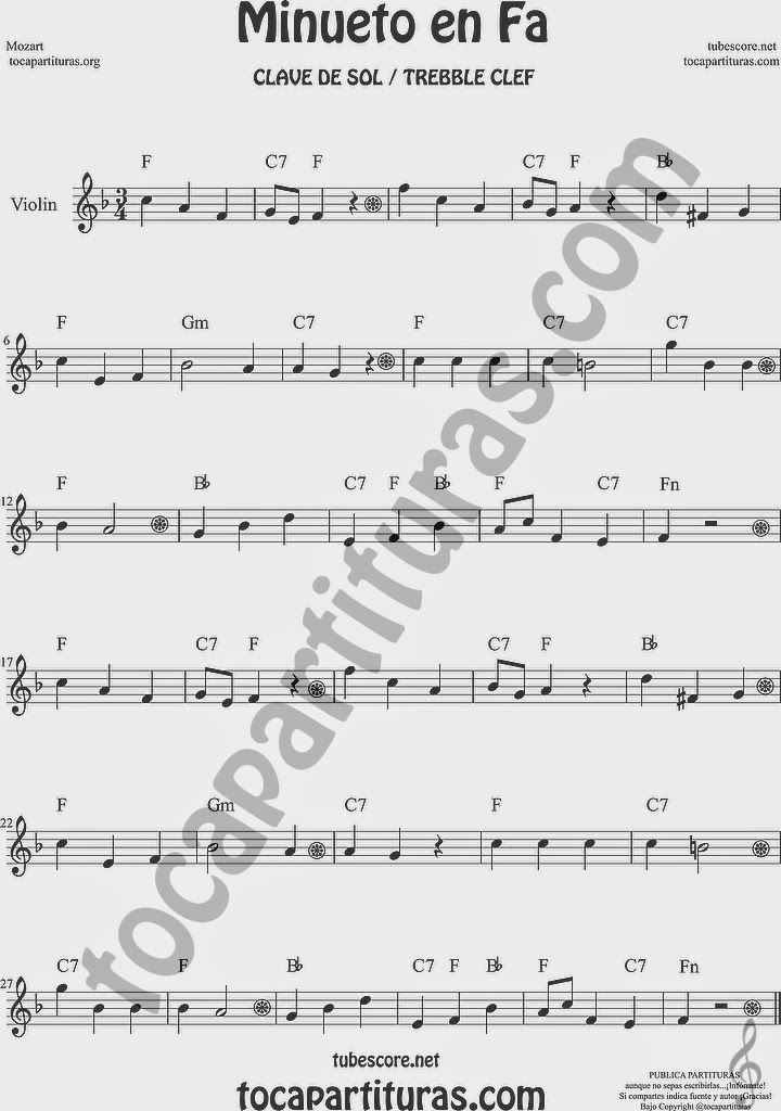 Minueto en Fa Partitura de Violín Sheet Music for Violin Music Scores Music Scores