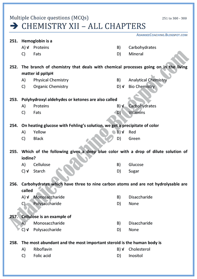 Adamjee Coaching Chemistry Mcqs XII All Chapters 251 to 300