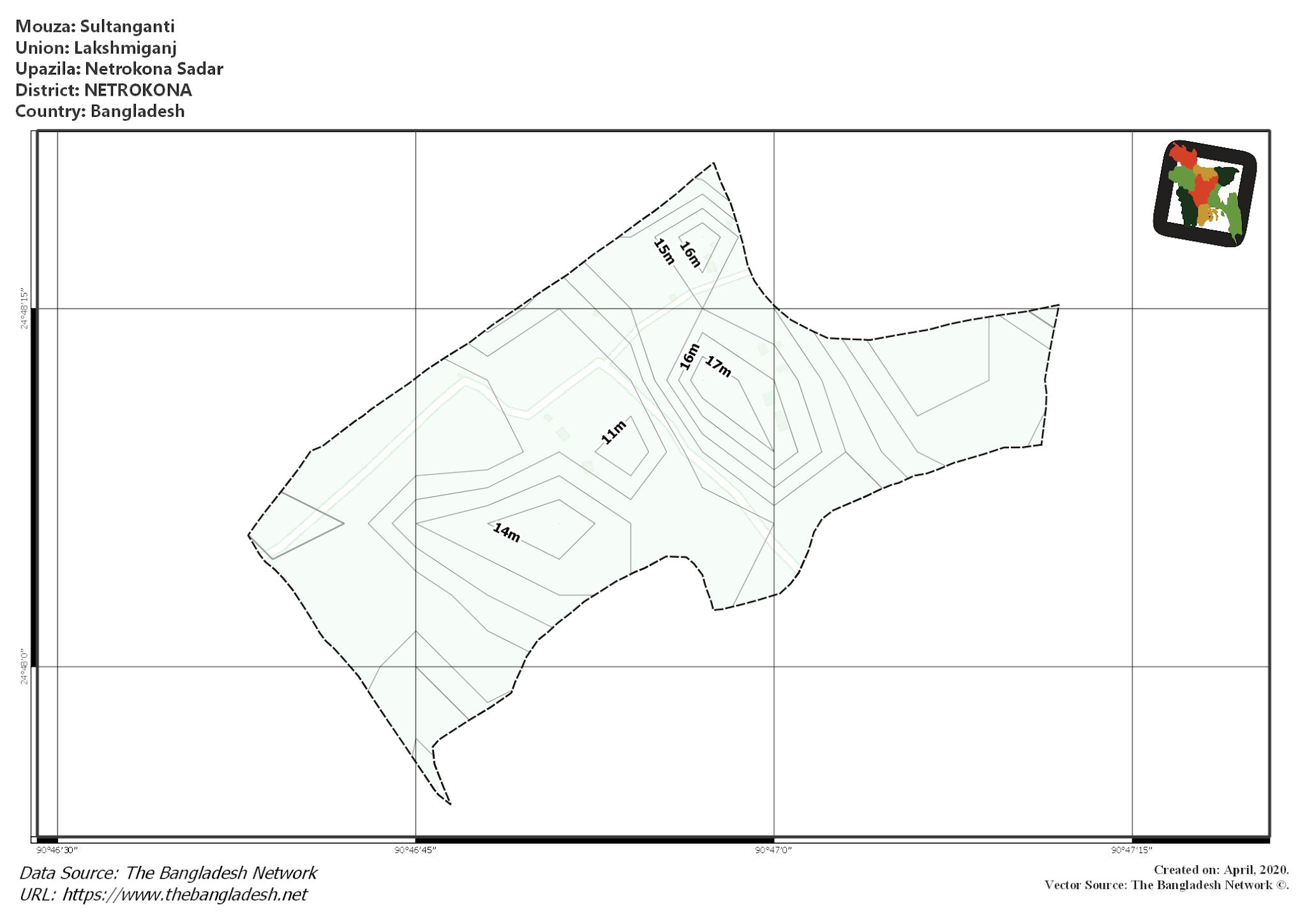 Map of Sultanganti Mouza of Netrokona Sadar Upazila, NETROKONA, Bangladesh.