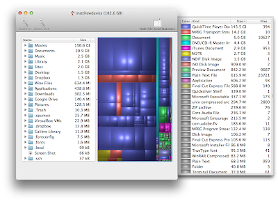 Disk Inventory X: Main window, files on the left, visualization in the middle, file kind stats on the right /></a></span></div> <div class=