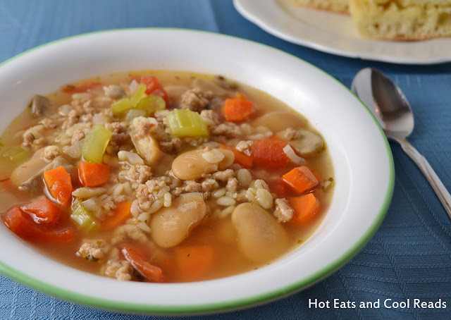 A tasty, hearty and healthy soup! Packed full of veggies and made with ground turkey! Turkey, Barley and Vegetable Soup Recipe from Hot Eats and Cool Reads