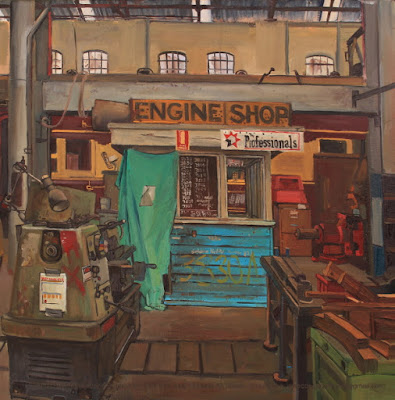 Plein air oil painting of interior of the Large Erecting Shop in Eveleigh Railway Workshops painted by industrial heritage artist Jane Bennett