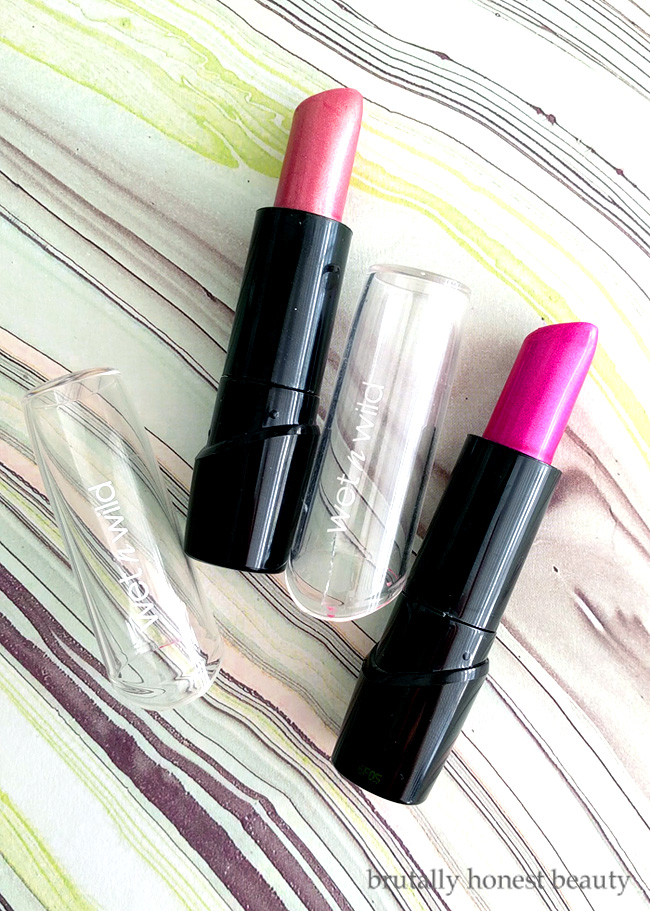 Review of Wet N Wild Silk Finish Lipsticks in Dark Pink Frost and Fuchsia with Blue Pearl