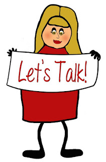 Let's Talk A stick figure girl in red dress holding a sign that says Let's Talk.