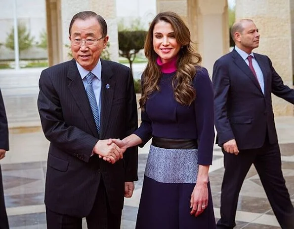 United Nations Secretary General Ban Ki-Moon and World Bank President Jim Yong Kim meets with King Abdullah II and his wife Queen Rania of Jordan at the Royal Palace in Amman