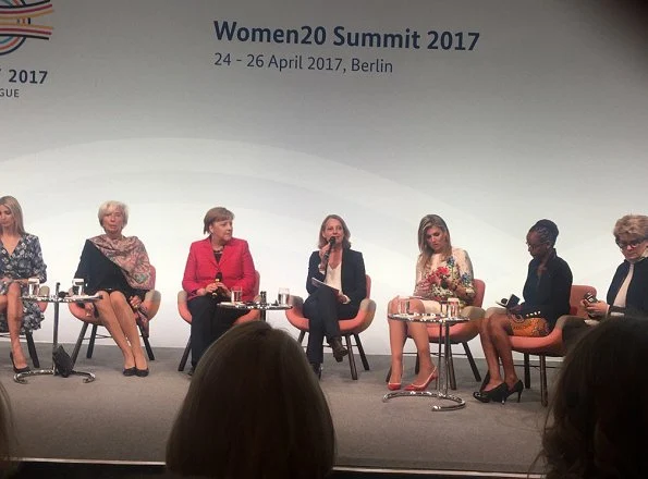 Queen Maxima, President Stephanie Bschorr, Ivanka Trump, Angela Merkel attend the W20 conference. Queen Maxima wore Natan Dress