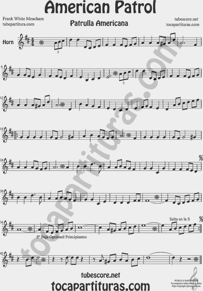 American Patrol Partitura de Trompa y Corno Francés en Mi bemol Sheet Music for French Horn Music Scores Patrulla Americana