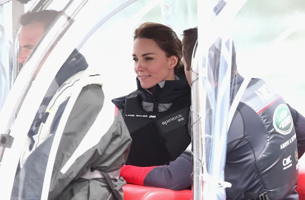Catherine, Duchess of Cambridge joins the Land Rover BAR team on board their training boat, as they run a training circuit on the Solent
