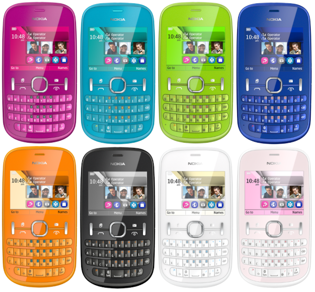 Nokia Asha 200, colores muy vivos en rosa, azul claro, verde, azul oscuro, naranja, grafito, blanco y rosa claro.