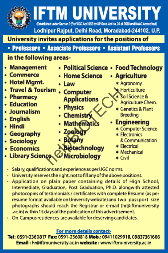 IFTM University Faculty Jobs in Biotech/Microbiology/Botany/Zoology ...