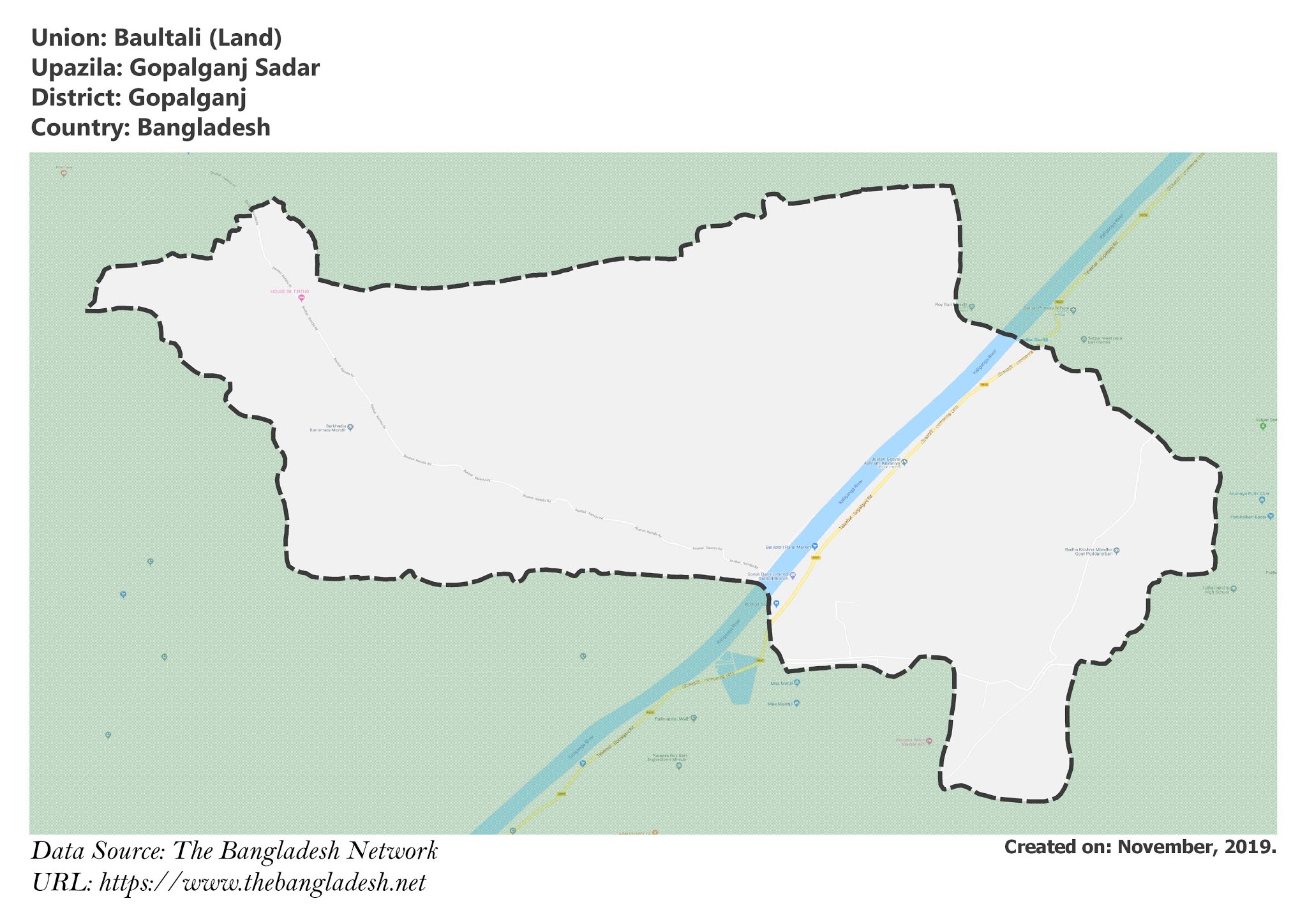 Map of Baultali of Gopalganj, Bangladesh.