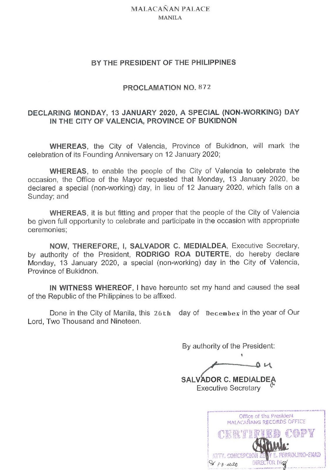Philippine Holidays Special (NonWorking) Day in Valencia City