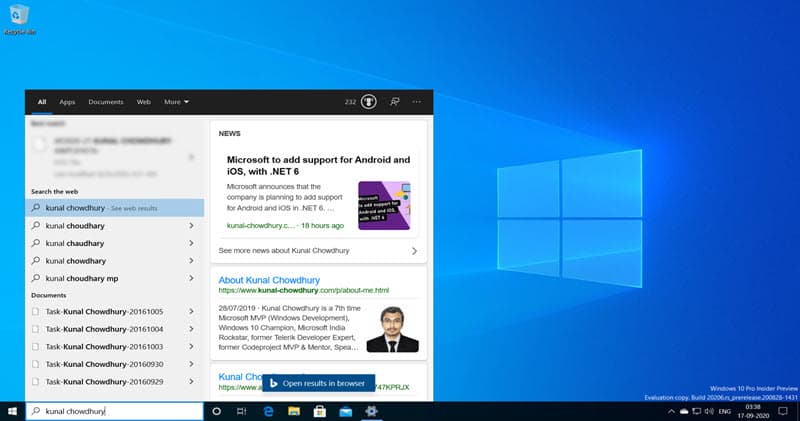Windows 10 search layout with partial dark theme support